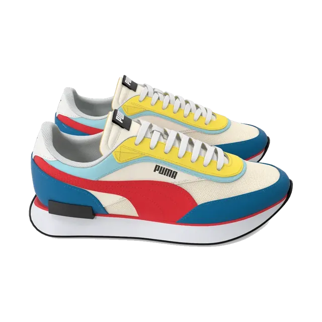 PUMA Future Rider sneakers in white, blue, red and yellow, pair at an angle