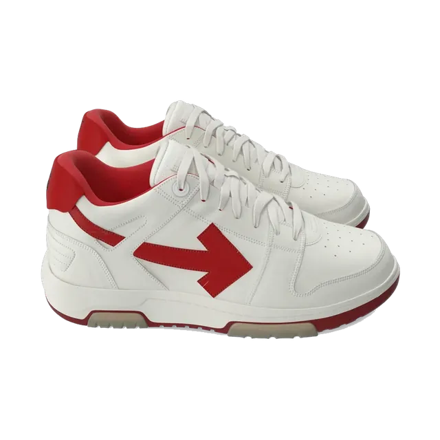 Off-White Out Of Office women's sneakers in white and red, pair at an angle