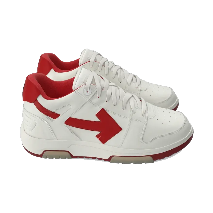 Off-White Out Of Office women's sneakers in white and red, pair at an angle