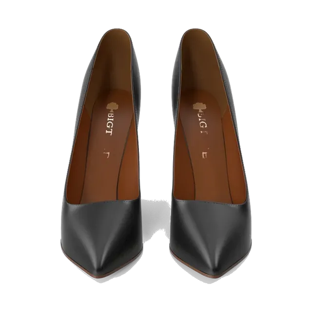 Charles & Keith black pointed-toe stiletto pumps, pair from the front, showing the cognac lining