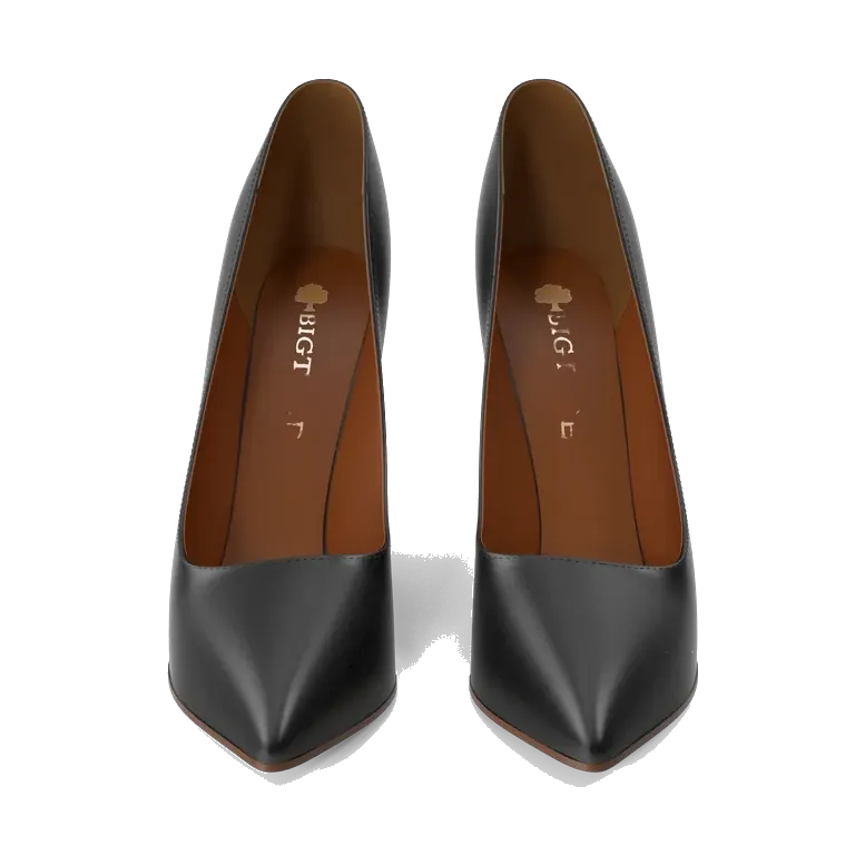 Charles & Keith black pointed-toe stiletto pumps, pair from the front, showing the cognac lining