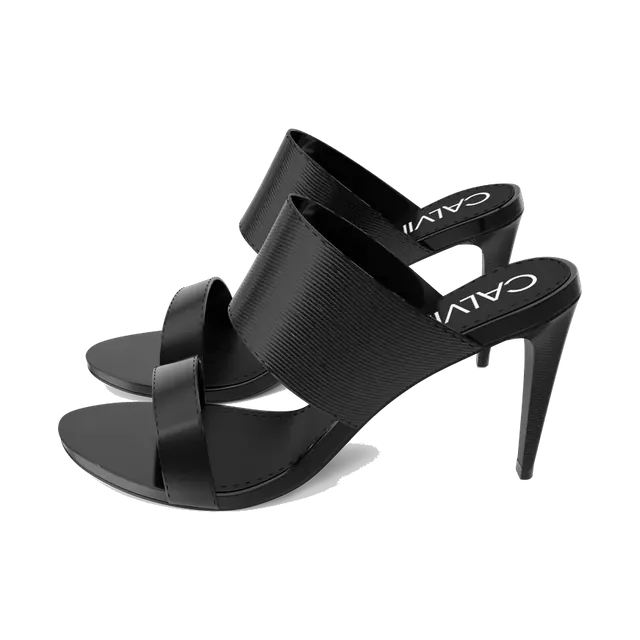 Calvin Klein black heeled mules with logo strap, side