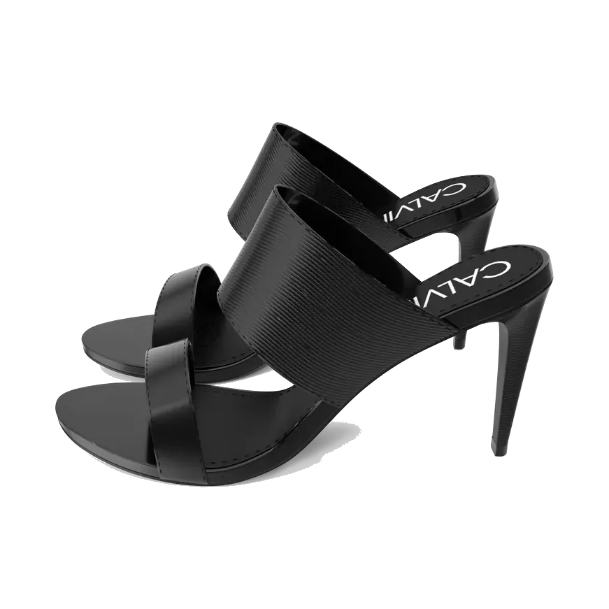 Calvin Klein black heeled mules with logo strap, side