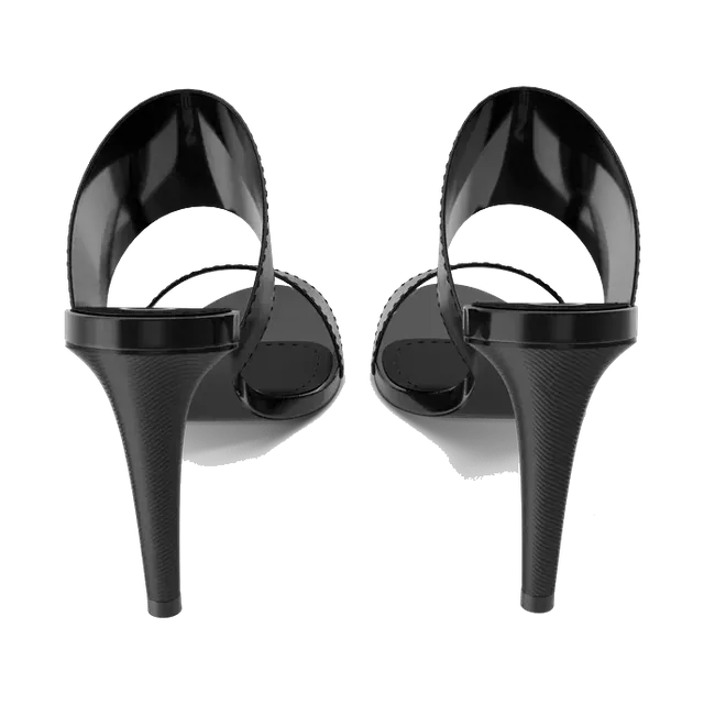 Calvin Klein black heeled mules with logo strap, pair from the back