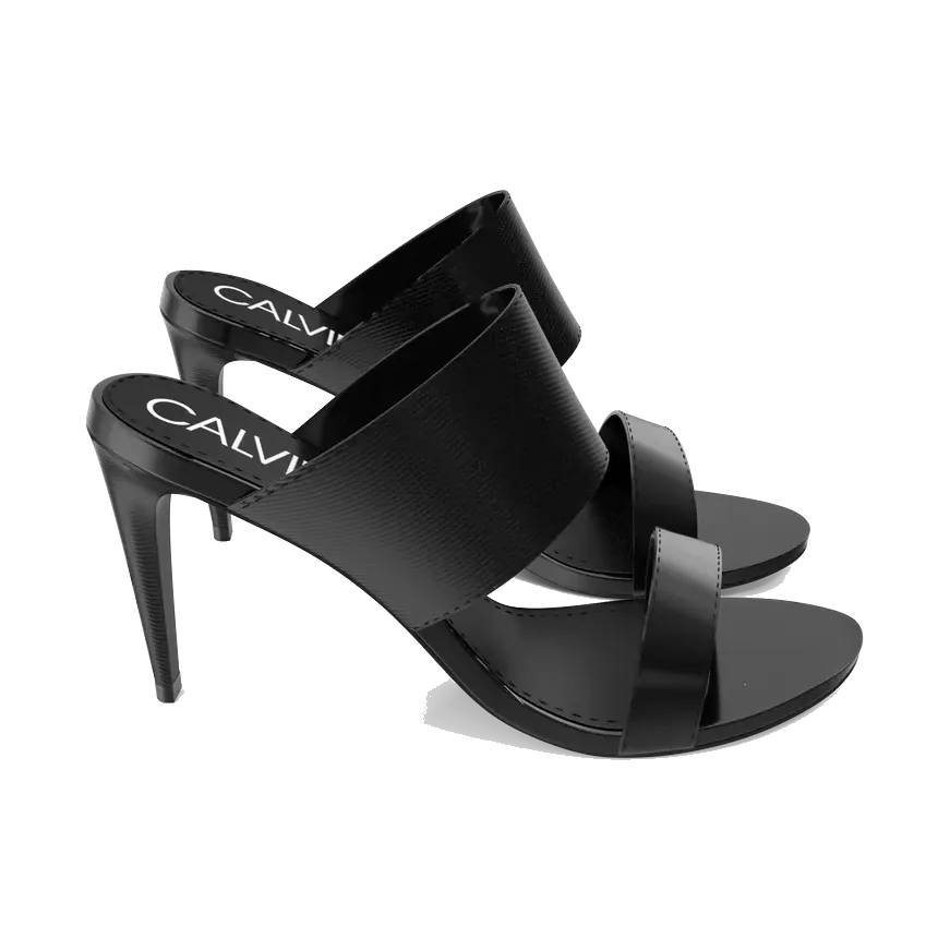 Calvin Klein black heeled mules with logo strap, pair at an angle