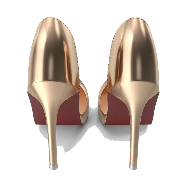Rose-gold metallic pointed-toe pumps, pair from the back, showing the red soles