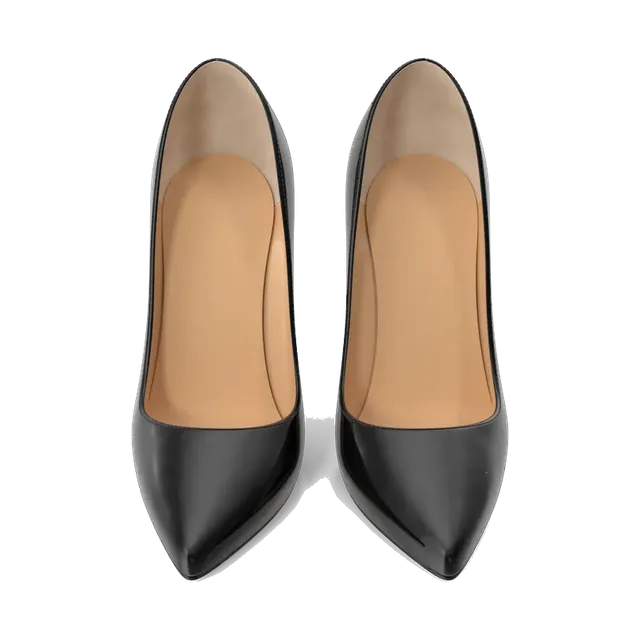 Black patent stiletto pumps with red soles, pair from the front, showing the nude lining