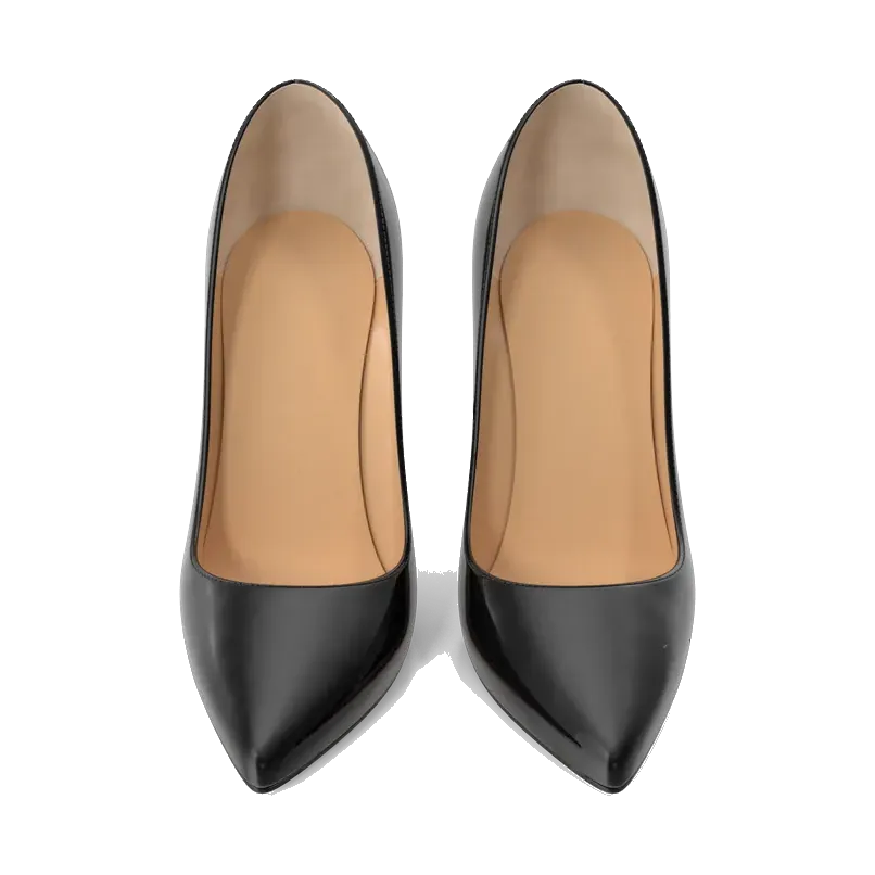 Black patent stiletto pumps with red soles, pair from the front, showing the nude lining