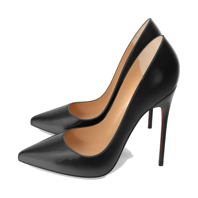 Black patent stiletto pumps with red soles, side