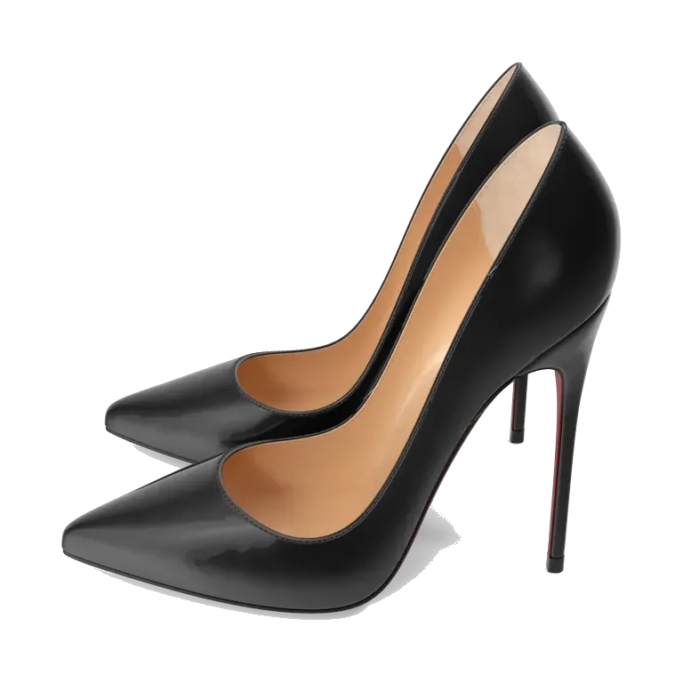 Black patent stiletto pumps with red soles, side