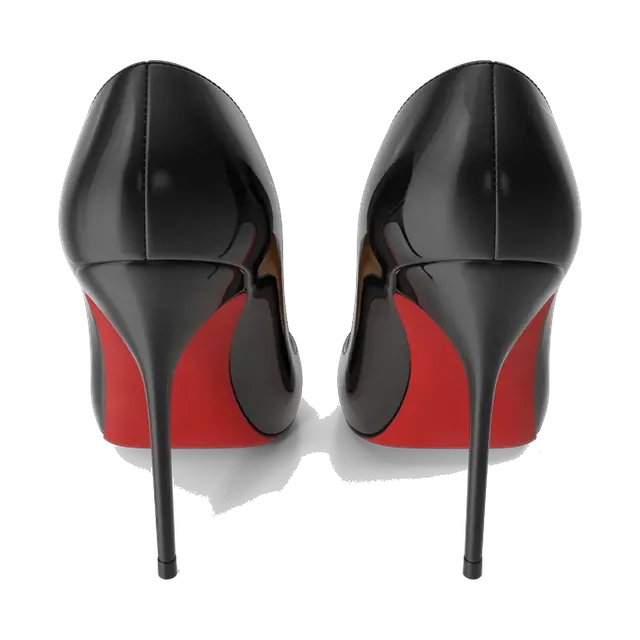 Black patent stiletto pumps with red soles, pair from the back, showing the red soles