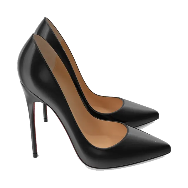 Black patent stiletto pumps with red soles, pair at an angle