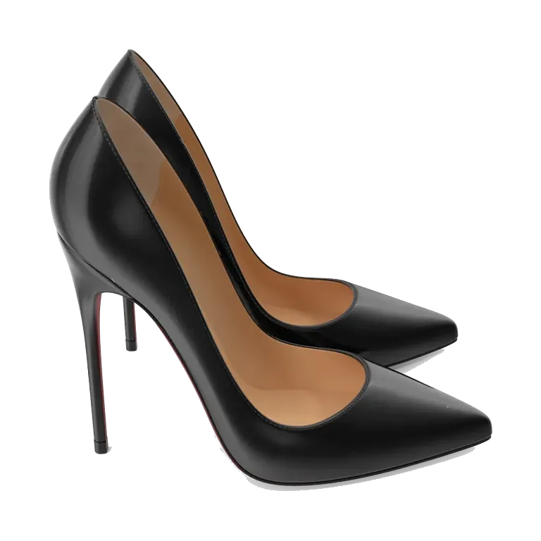 Black patent stiletto pumps with red soles, pair at an angle