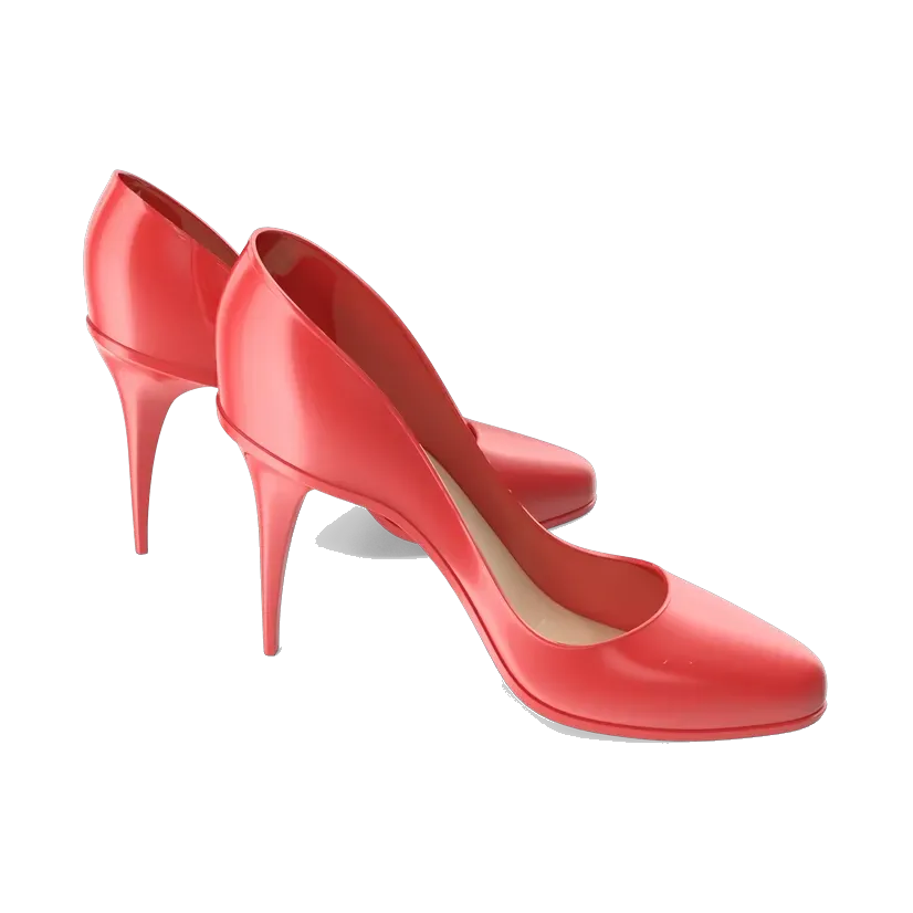 Bata coral-red patent mid-heel pumps, pair at an angle