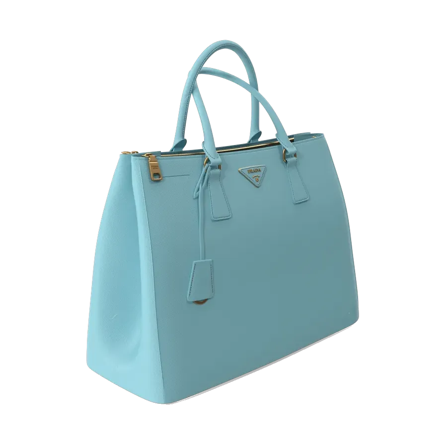 Prada Galleria Saffiano leather bag in celeste blue, angled from the other side