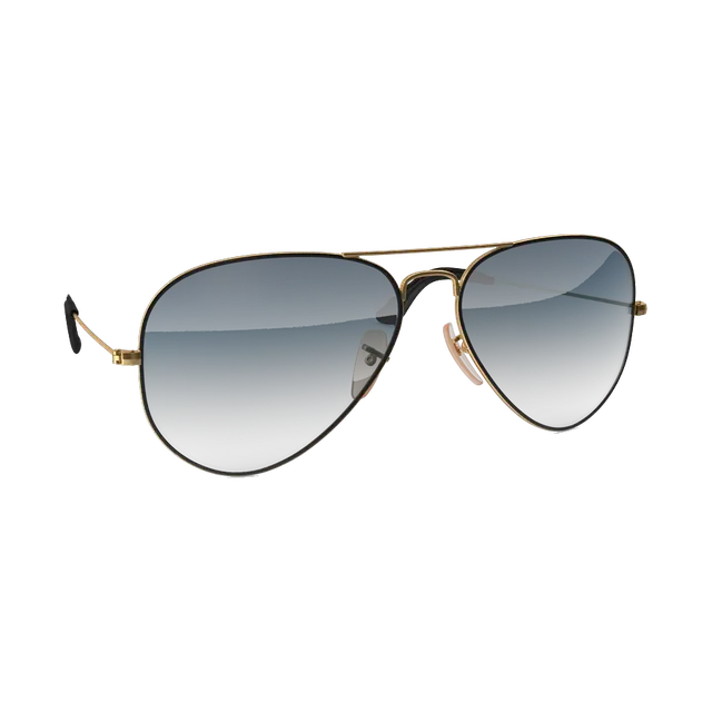 Ray-Ban Aviator sunglasses, gold frame with blue gradient lenses, angled from the other side