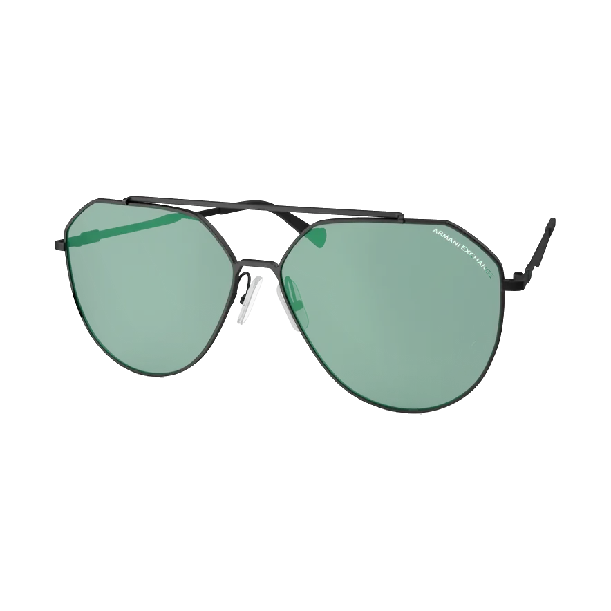 Polaroid polarised pilot sunglasses, black frame with green lenses, angled view