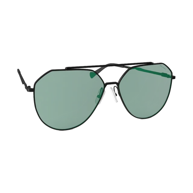 Polaroid polarised pilot sunglasses, black frame with green lenses, angled from the other side