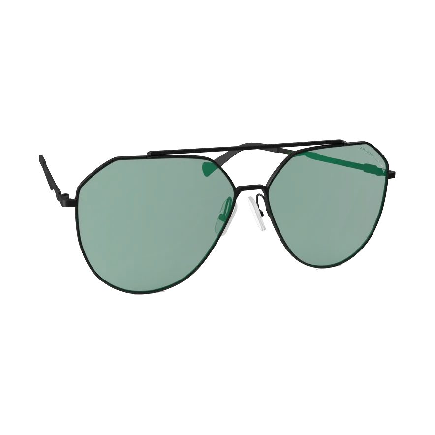 Polaroid polarised pilot sunglasses, black frame with green lenses, angled from the other side