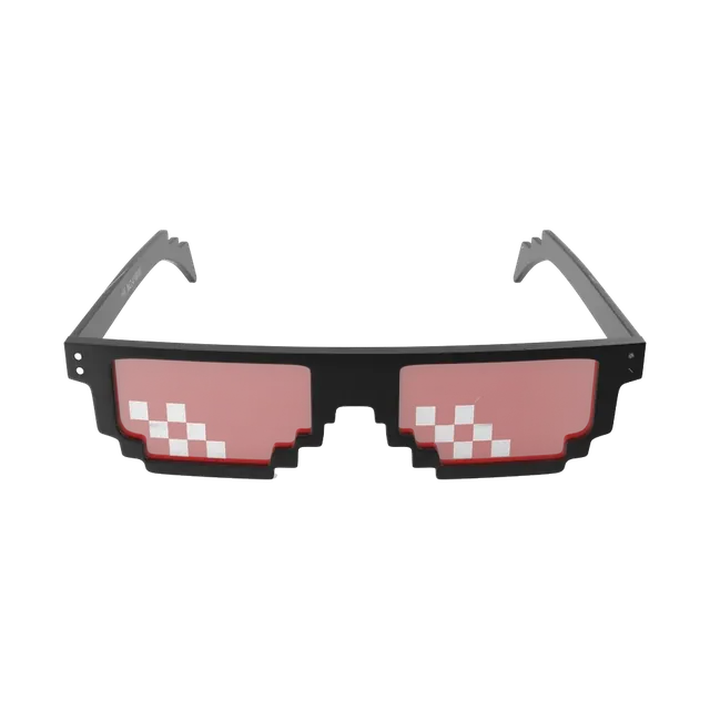 Black pixel-art party sunglasses with pink lenses, front