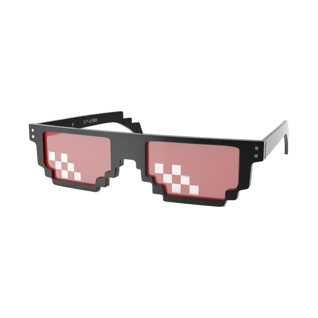 Black pixel-art party sunglasses with pink lenses, angled view