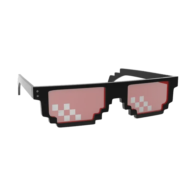 Black pixel-art party sunglasses with pink lenses, angled from the other side