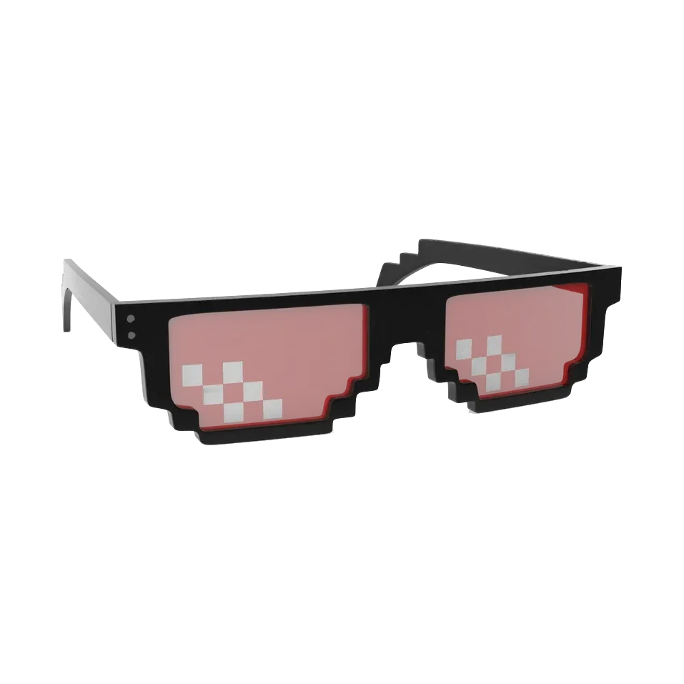 Black pixel-art party sunglasses with pink lenses, angled from the other side