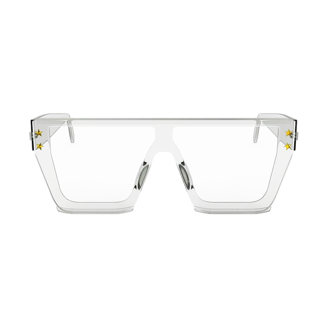 Oversized clear-frame blue-light glasses with gold star studs, front