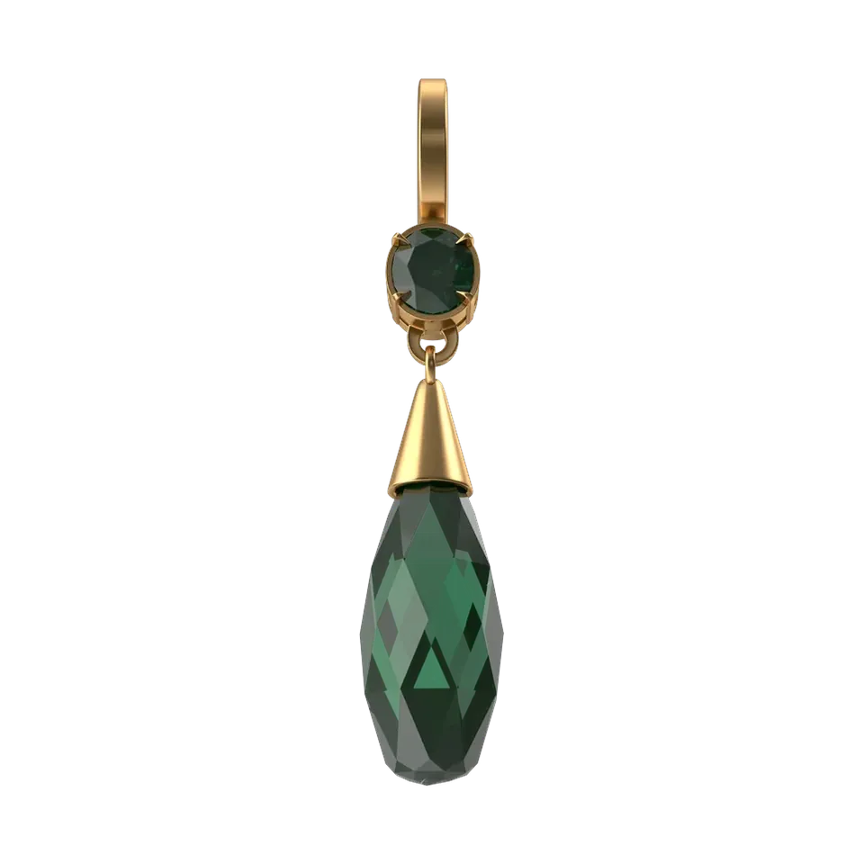 Gold-plated earrings with faceted emerald-green crystal drops, front
