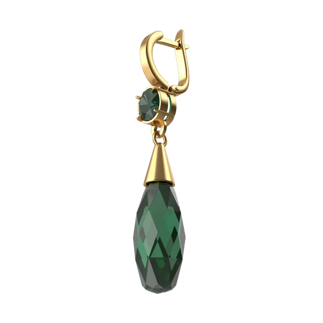 Gold-plated earrings with faceted emerald-green crystal drops, side view showing the hinged hoop