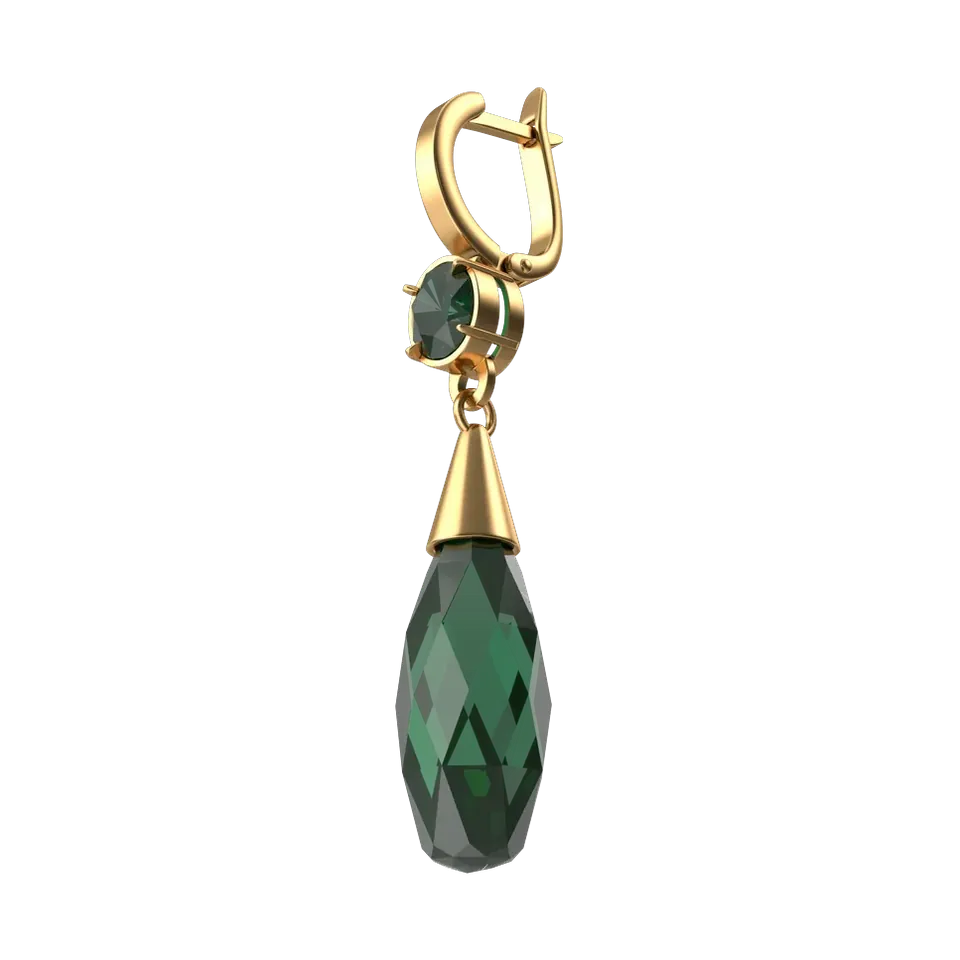 Gold-plated earrings with faceted emerald-green crystal drops, side view showing the hinged hoop