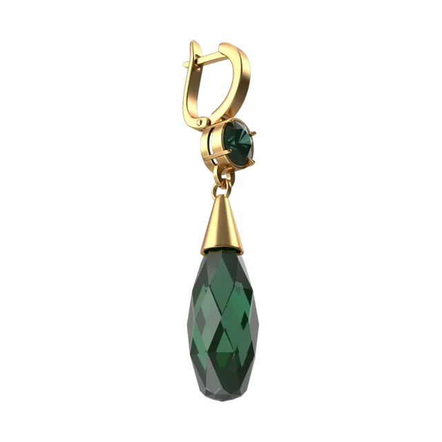 Gold-plated earrings with faceted emerald-green crystal drops, angled view