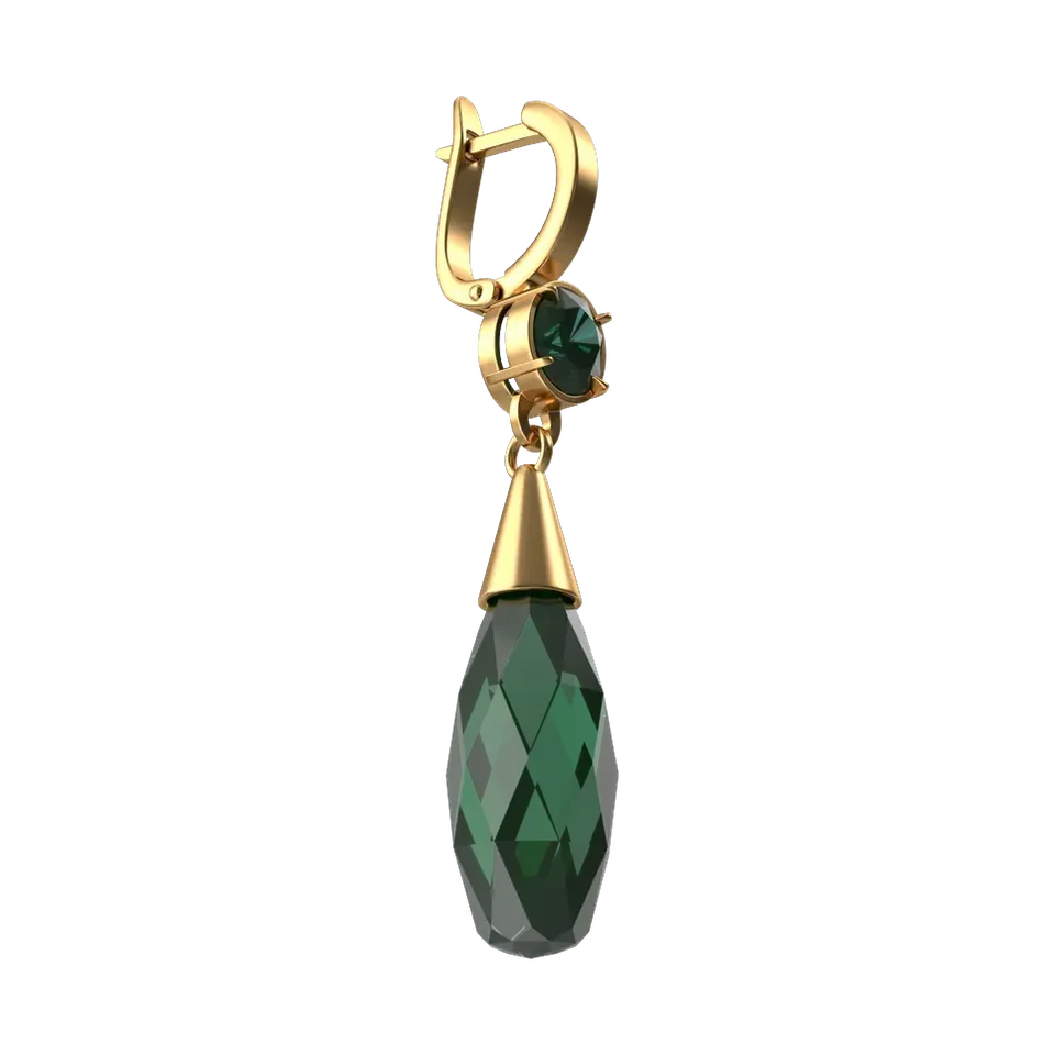 Gold-plated earrings with faceted emerald-green crystal drops, angled view