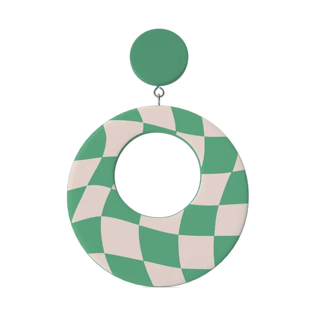 Mint and cream checkerboard acrylic hoop earrings, front