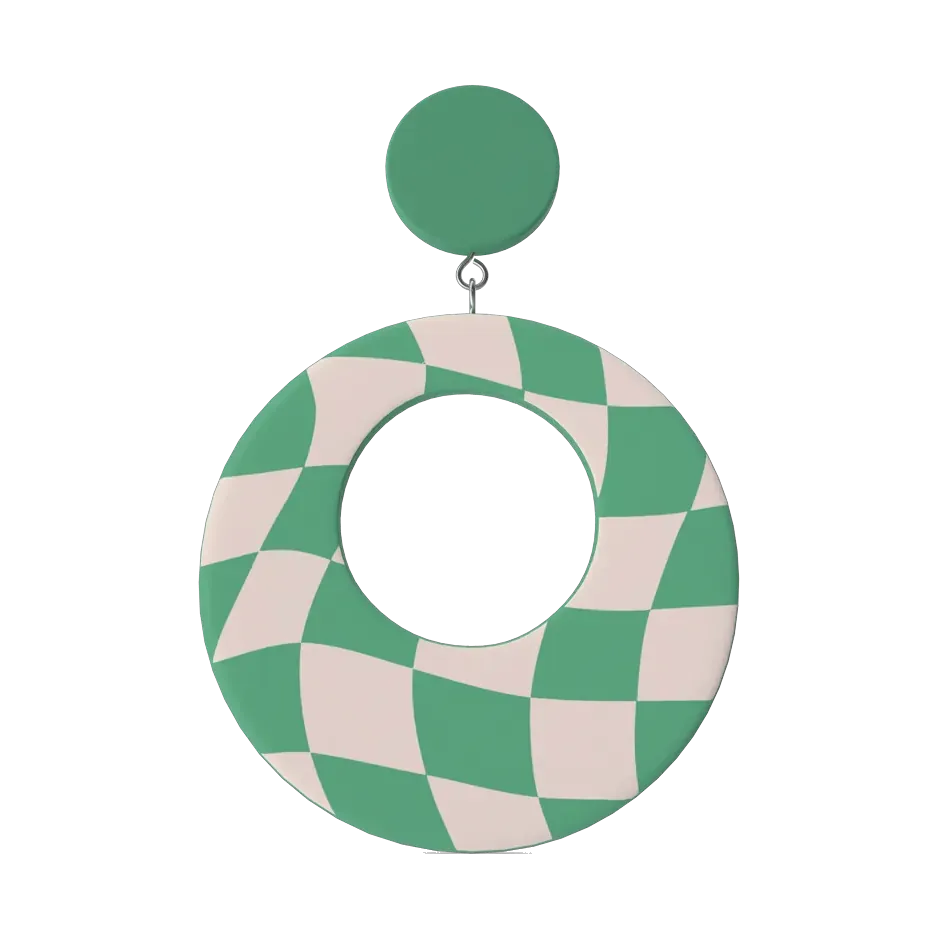 Mint and cream checkerboard acrylic hoop earrings, front