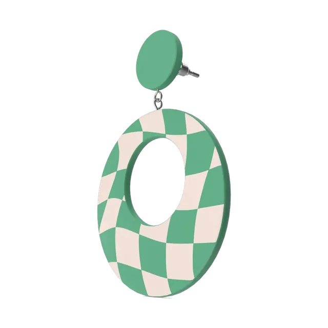 Mint and cream checkerboard acrylic hoop earrings, angled view