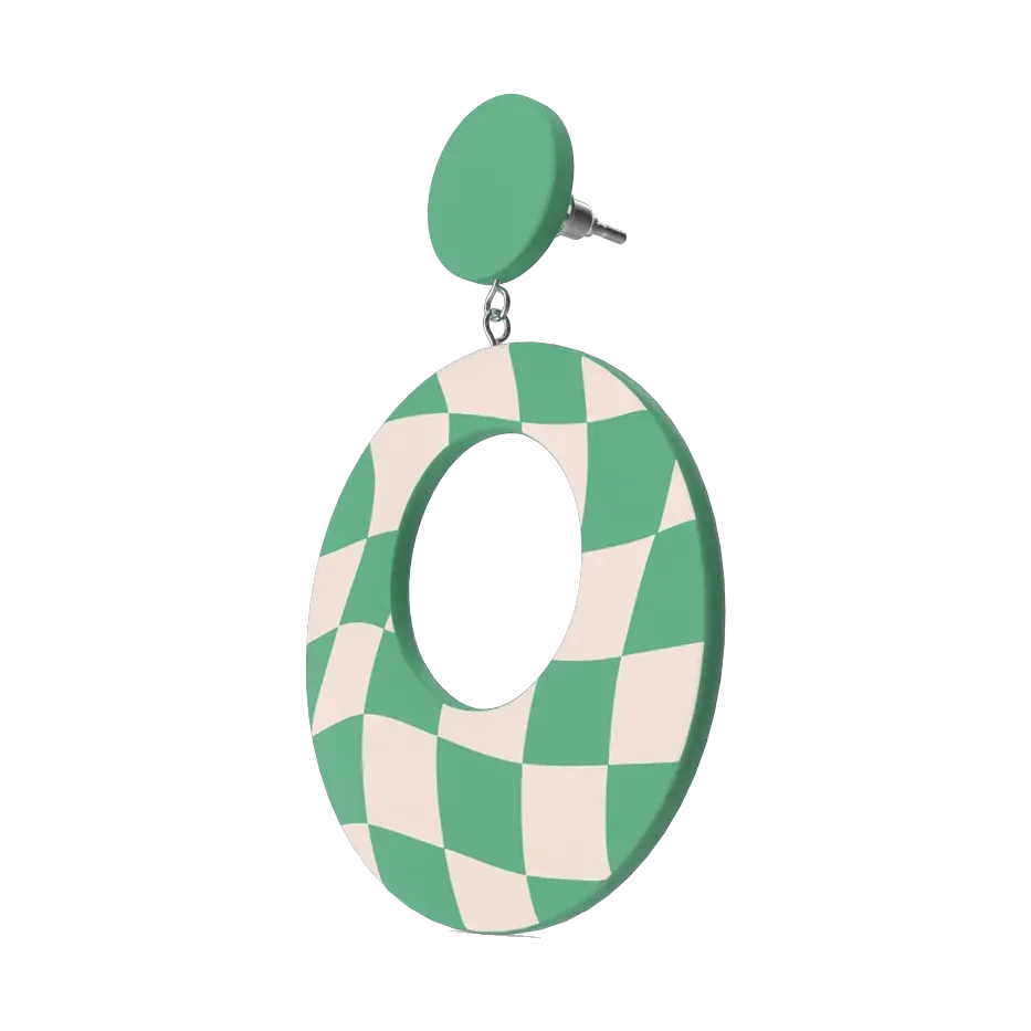 Mint and cream checkerboard acrylic hoop earrings, angled view