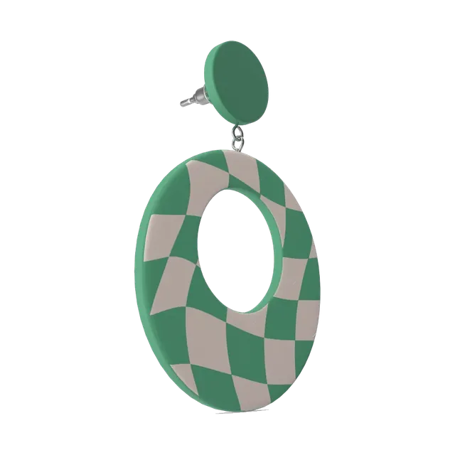 Mint and cream checkerboard acrylic hoop earrings, side profile