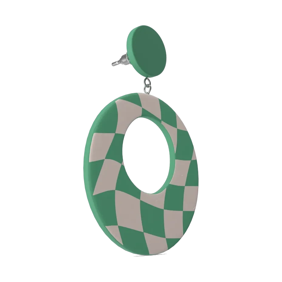 Mint and cream checkerboard acrylic hoop earrings, side profile