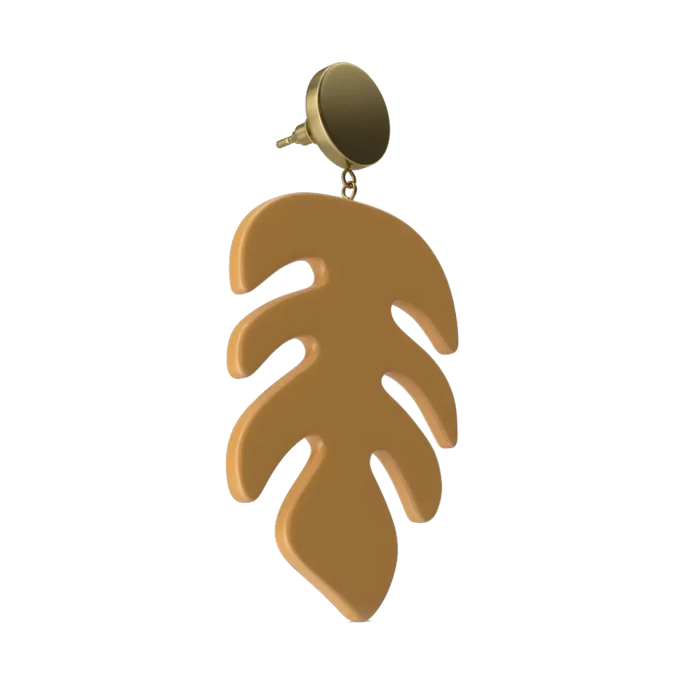 Gold-tone monstera leaf drop earrings, side profile