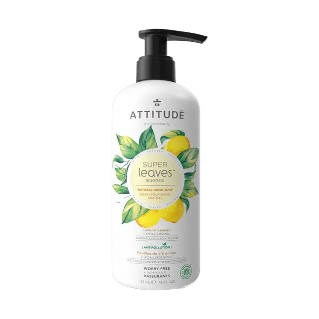 ATTITUDE Super Leaves lemon leaves hand soap pump bottle, front