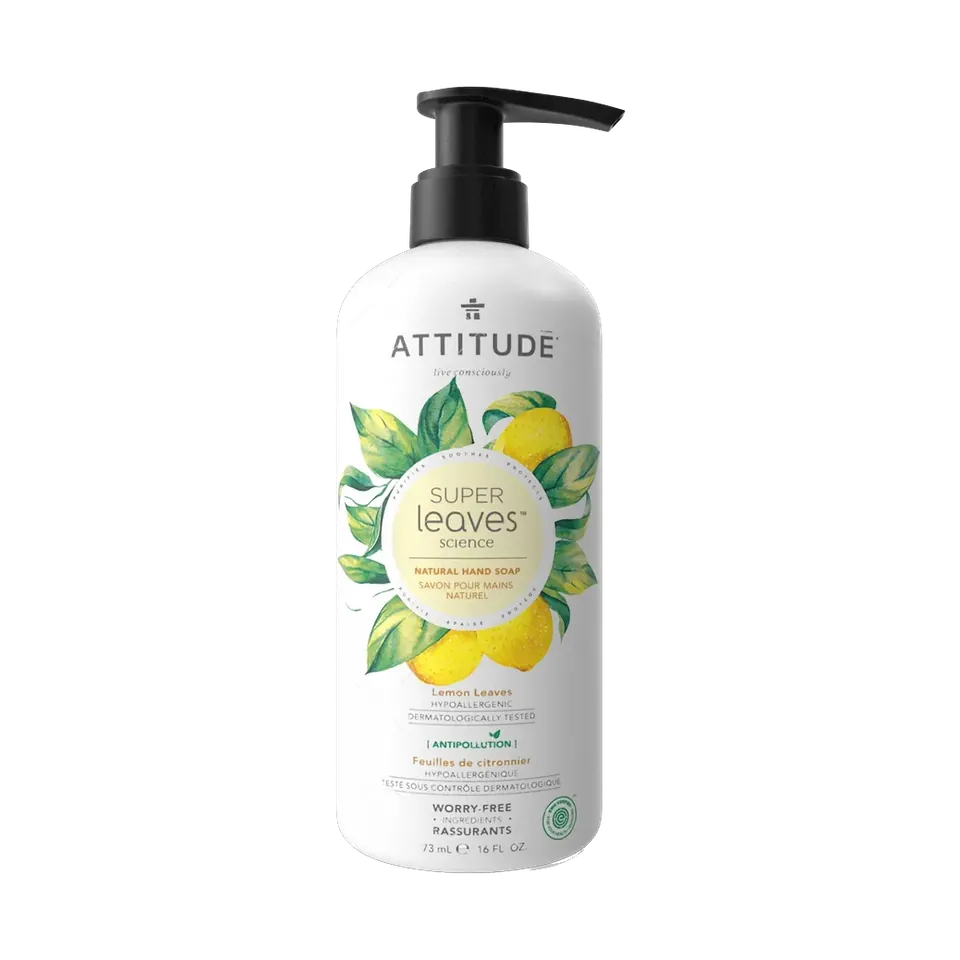 ATTITUDE Super Leaves lemon leaves hand soap pump bottle, front