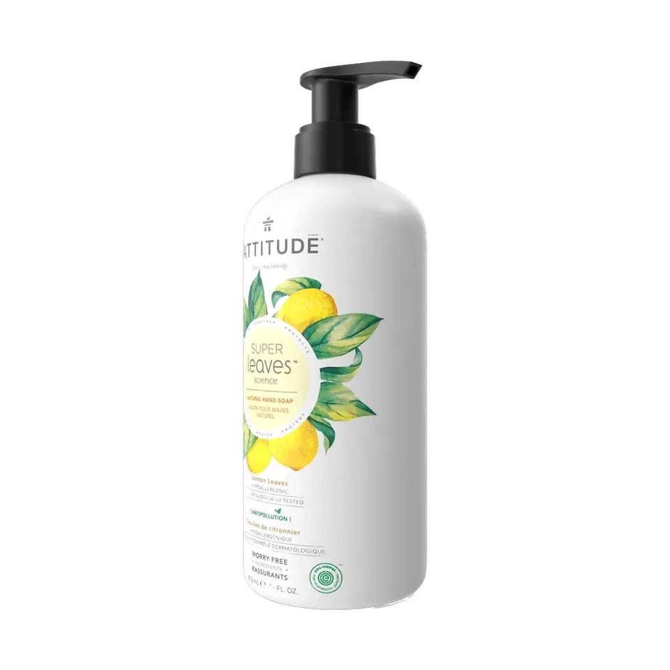 ATTITUDE Super Leaves lemon leaves hand soap pump bottle, angled view