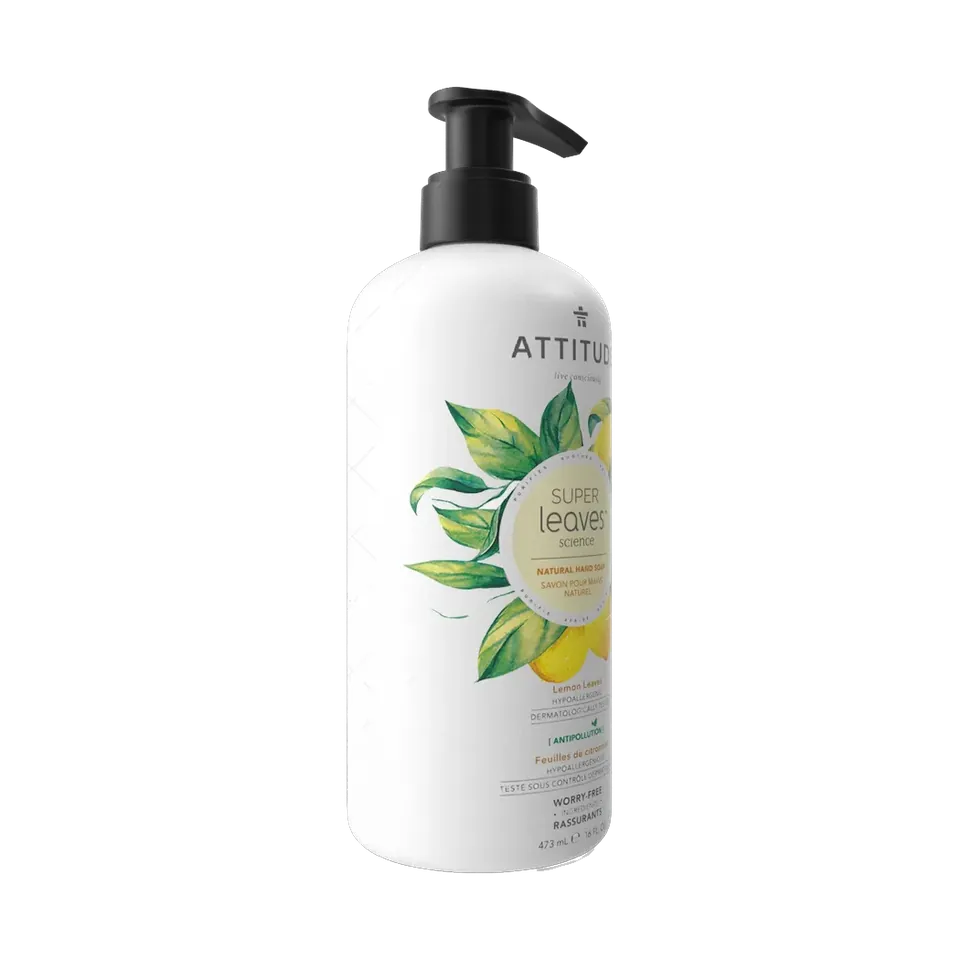 ATTITUDE Super Leaves lemon leaves hand soap pump bottle, side view