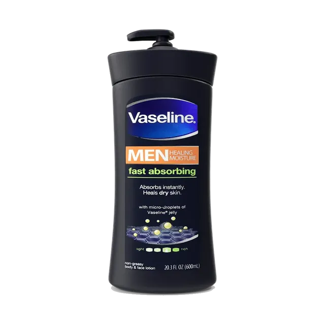 Vaseline Men fast absorbing body and face lotion pump bottle, front