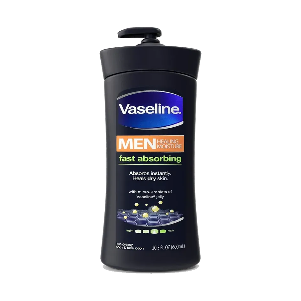 Vaseline Men fast absorbing body and face lotion pump bottle, front