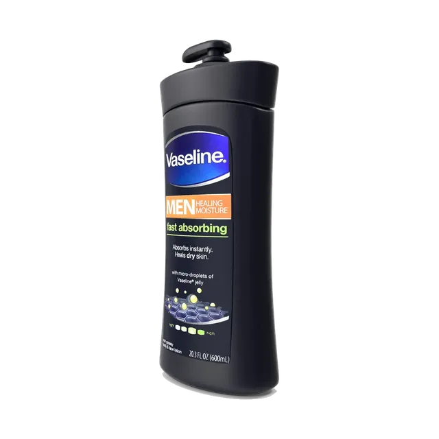 Vaseline Men fast absorbing body and face lotion pump bottle, angled view