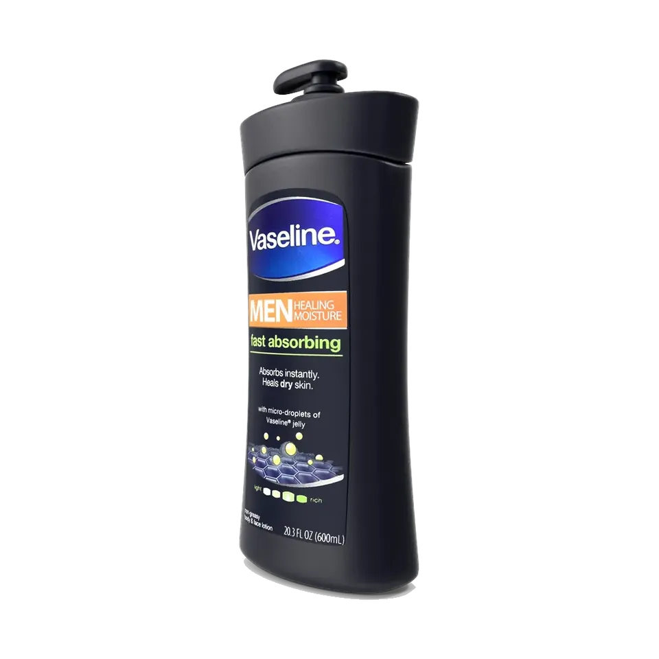 Vaseline Men fast absorbing body and face lotion pump bottle, angled view