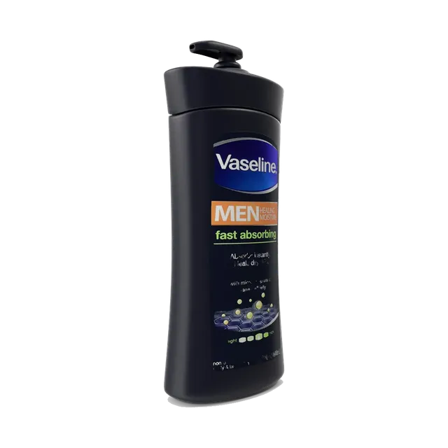 Vaseline Men fast absorbing body and face lotion pump bottle, side view