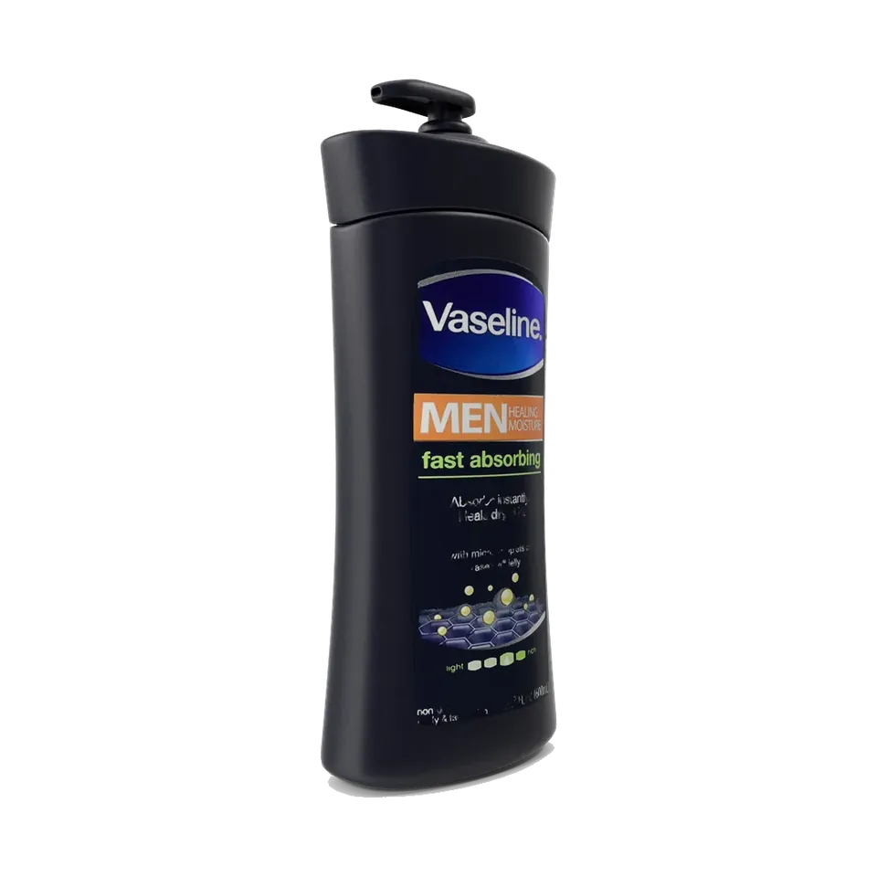Vaseline Men fast absorbing body and face lotion pump bottle, side view